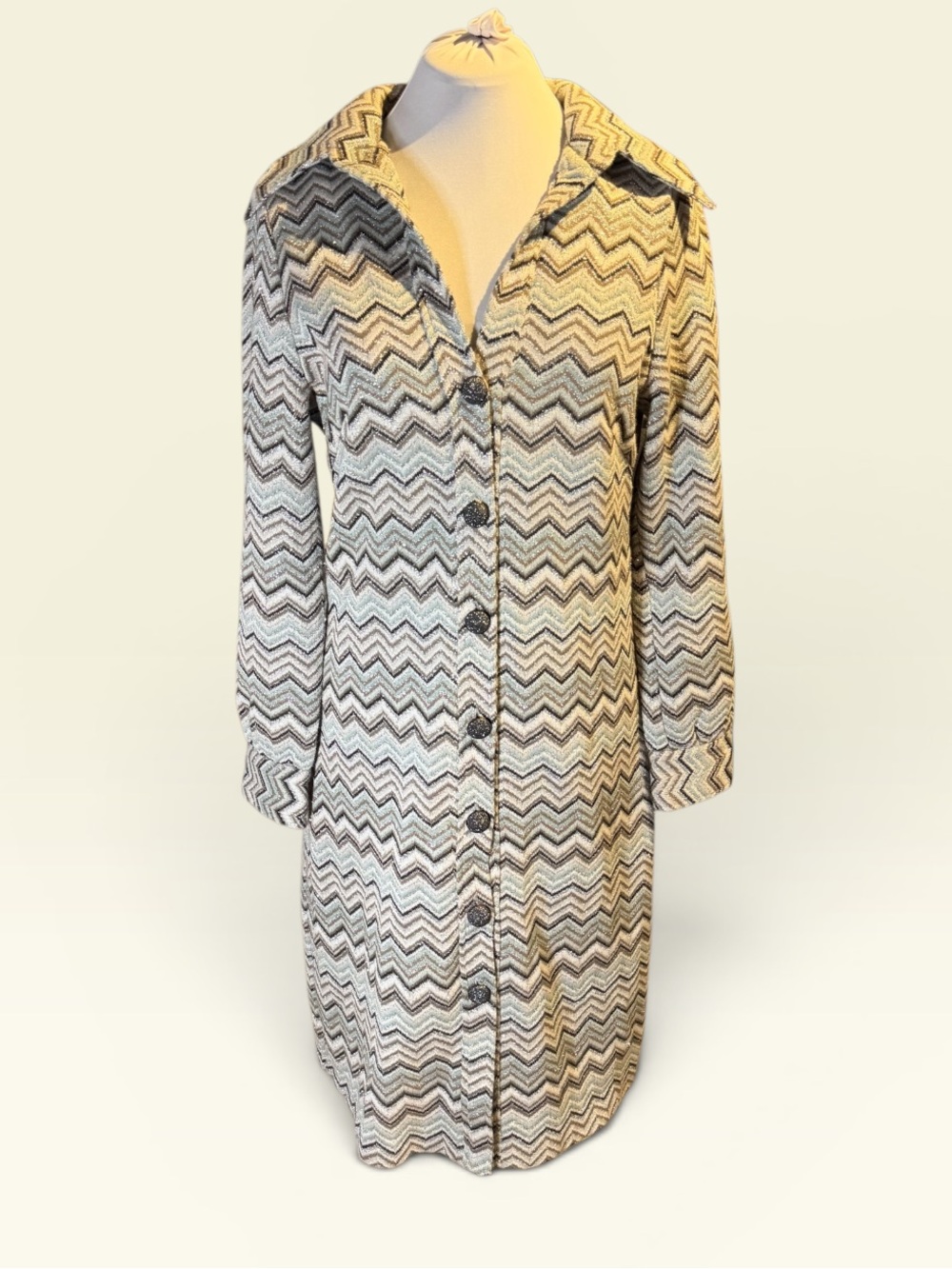 Lesley Evers Shimmery Chevron Pattern Button-Front Shirtdress/Cardigan - Medium